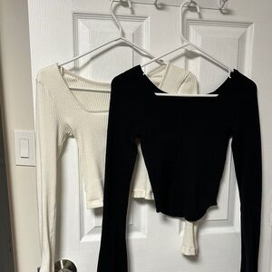 Black and Cream Ribbed Long Sleeve Tops